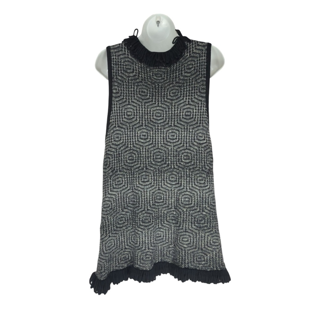 Jana Boho Gray White Geometric Cardigan Vest With Black Fringe Detail Large - Picture 3 of 14